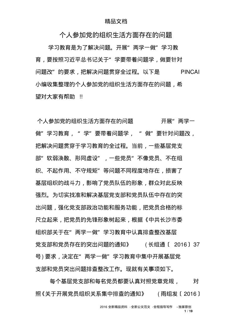 个人参加的组织生活方面存在的问题.pdf_第1页