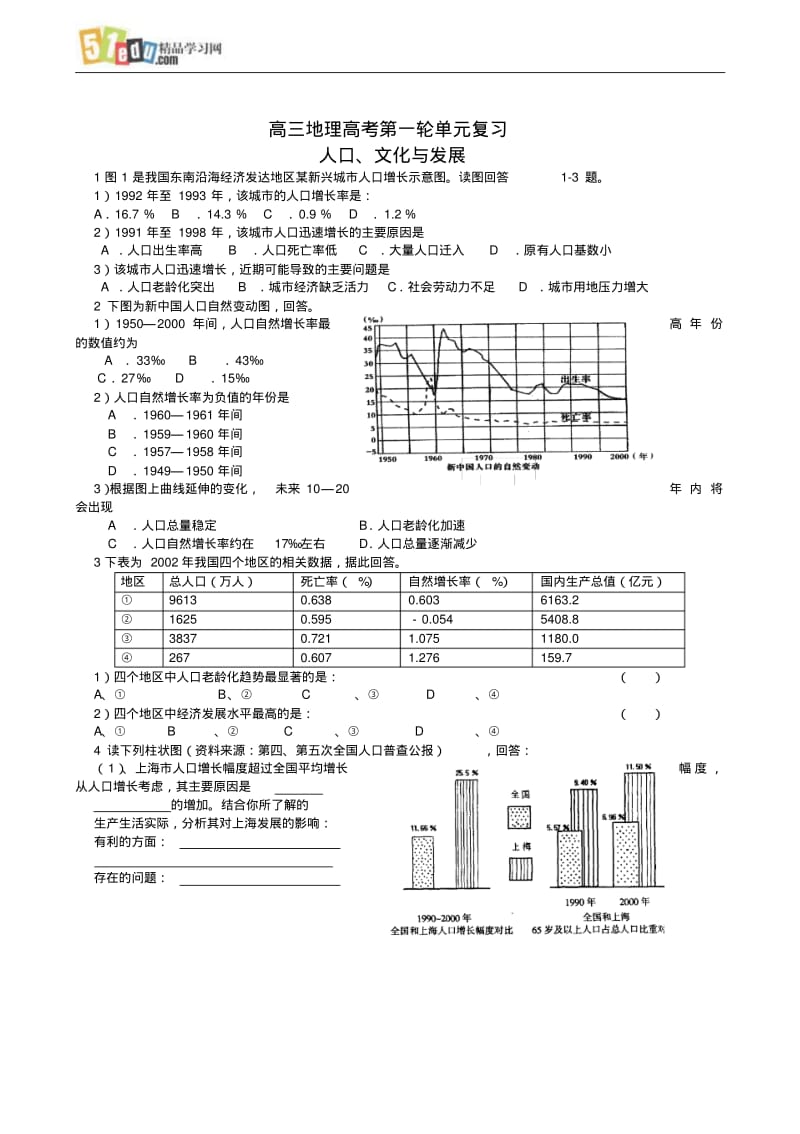 高三地理高考第一轮单元复习人口、文化与发展.pdf_第1页