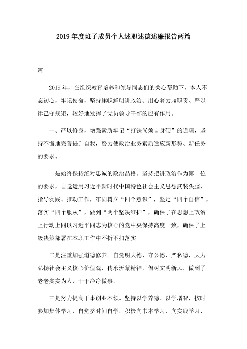 2019年度班子成员个人述职述德述廉报告两篇.docx_第1页