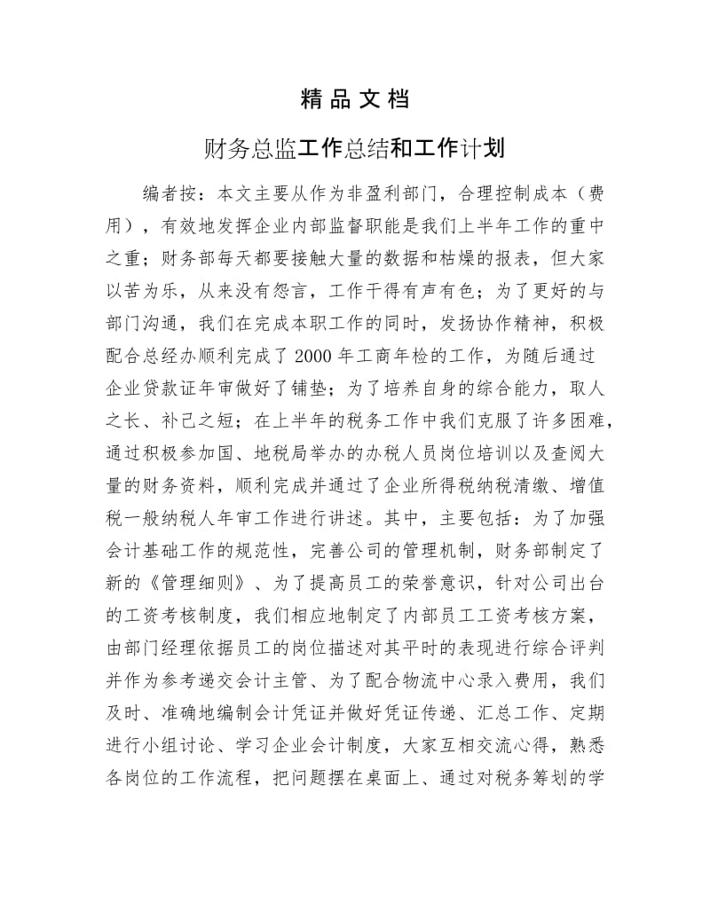 《财务总监工作总结和工作计划》.docx_第1页