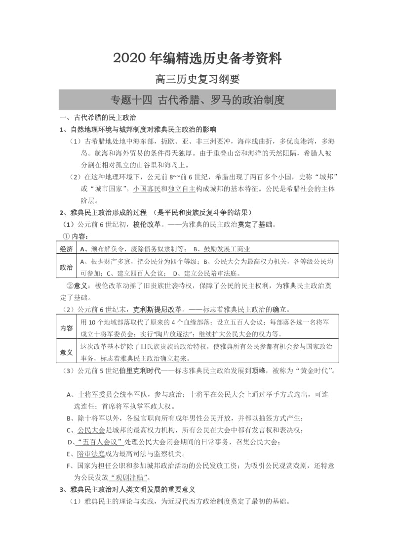 [最新]福建省高三历史（岳麓版）复习纲要：专题十四 古代希腊、罗马的政治制度 含解析.doc_第1页