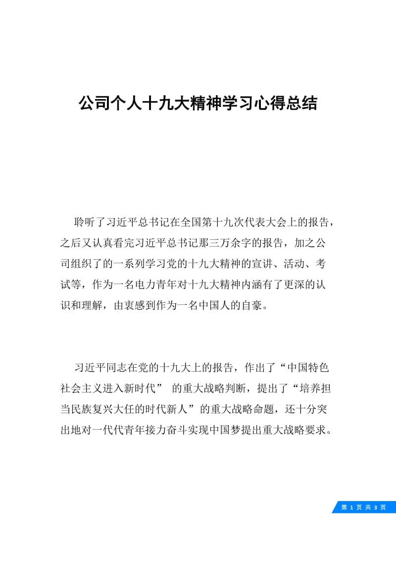 公司个人十九大精神学习心得总结.docx_第1页