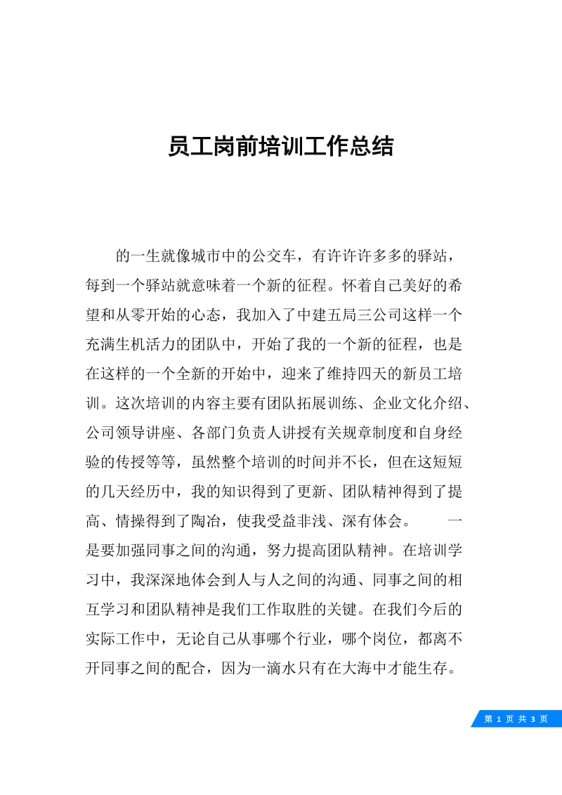 员工岗前培训工作总结.docx_第1页