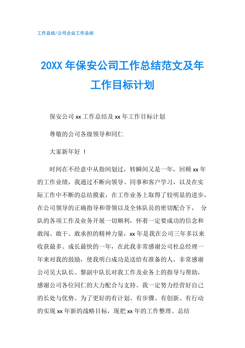 20XX年保安公司工作总结范文及年工作目标计划.doc_第1页