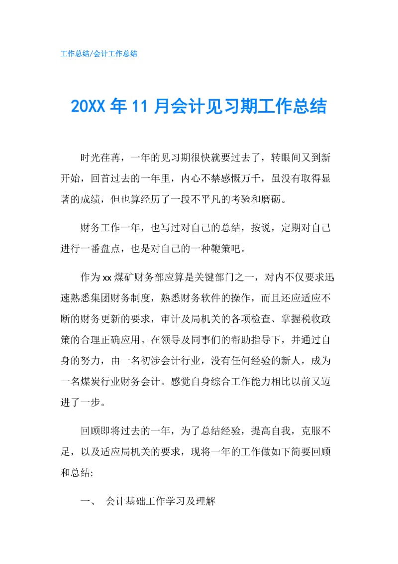 20XX年11月会计见习期工作总结.doc_第1页