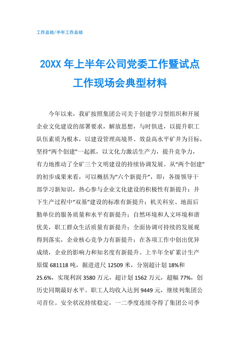 20XX年上半年公司党委工作暨试点工作现场会典型材料.doc_第1页