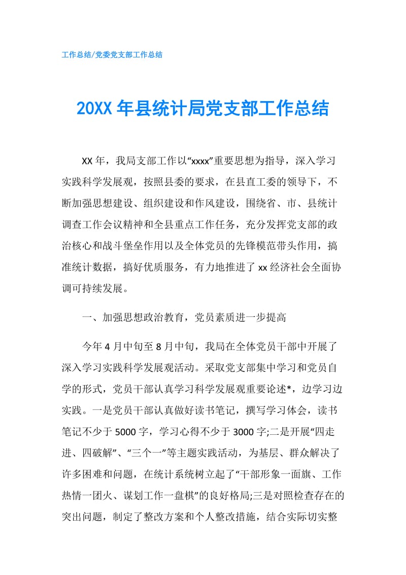 20XX年县统计局党支部工作总结.doc_第1页