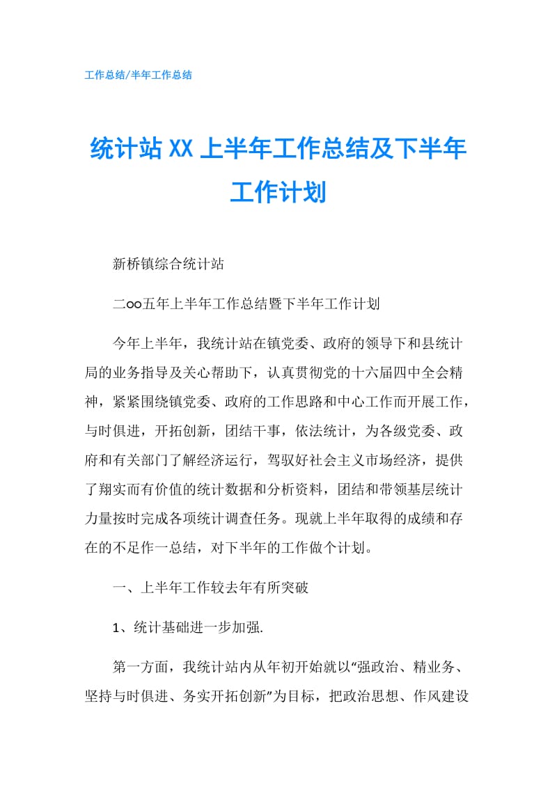 统计站XX上半年工作总结及下半年工作计划.doc_第1页