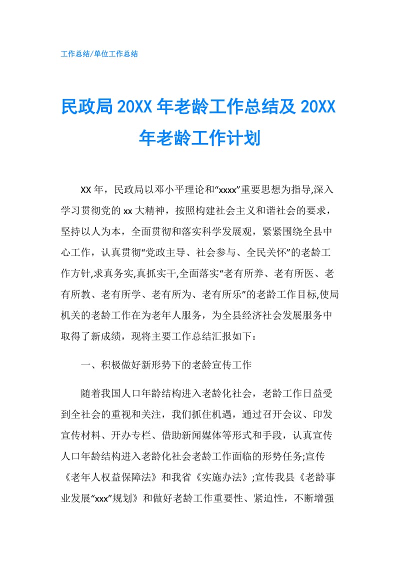 民政局20XX年老龄工作总结及20XX年老龄工作计划.doc_第1页