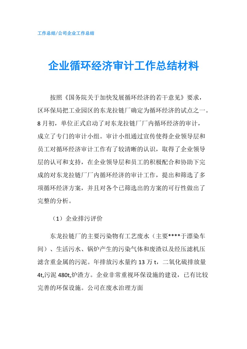 企业循环经济审计工作总结材料.doc_第1页