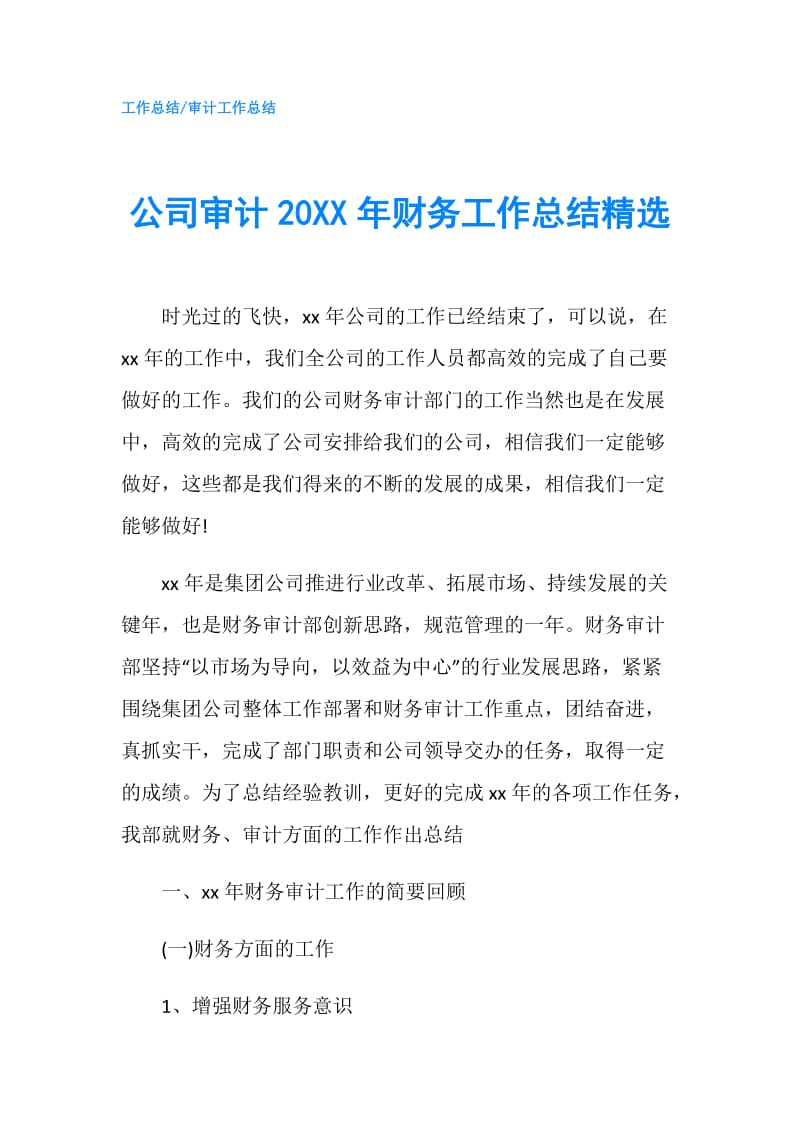 公司审计20XX年财务工作总结精选.doc_第1页