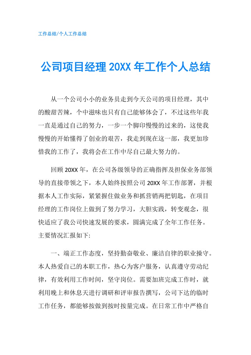 公司项目经理20XX年工作个人总结.doc_第1页