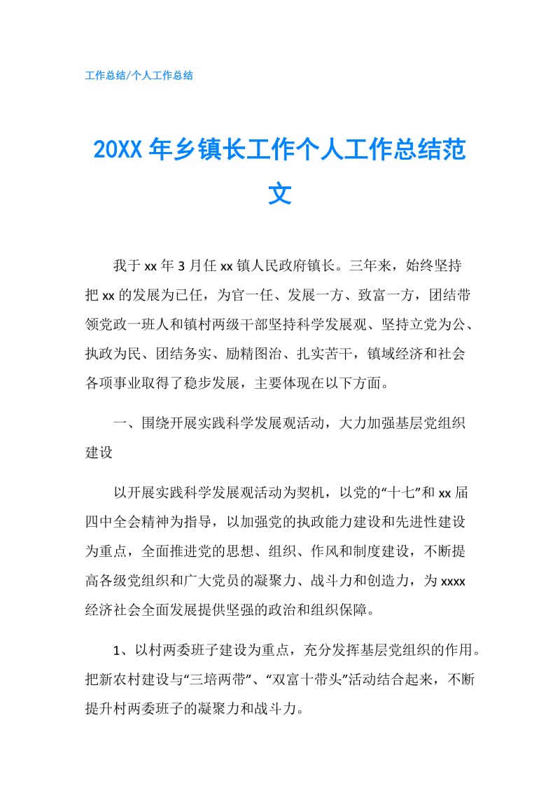 20XX年乡镇长工作个人工作总结范文.doc_第1页