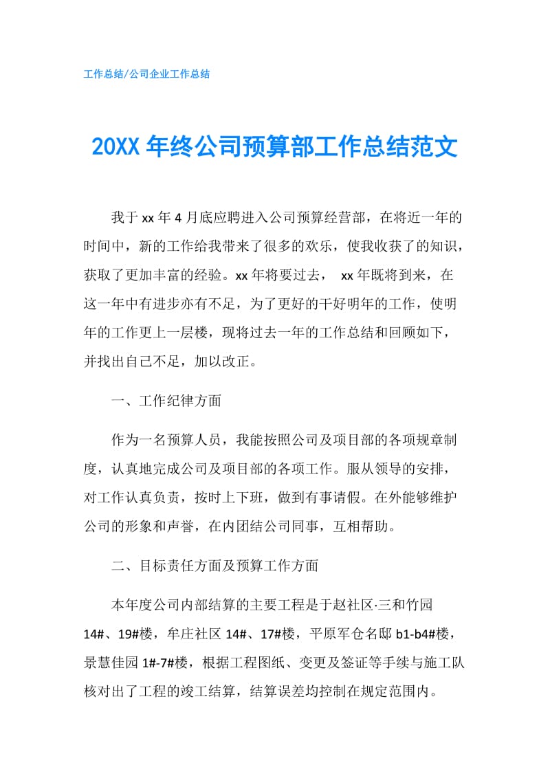 20XX年终公司预算部工作总结范文.doc_第1页