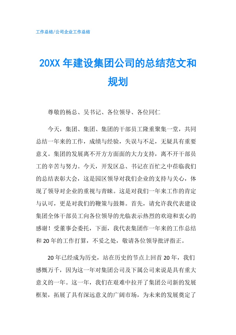 20XX年建设集团公司的总结范文和规划.doc_第1页