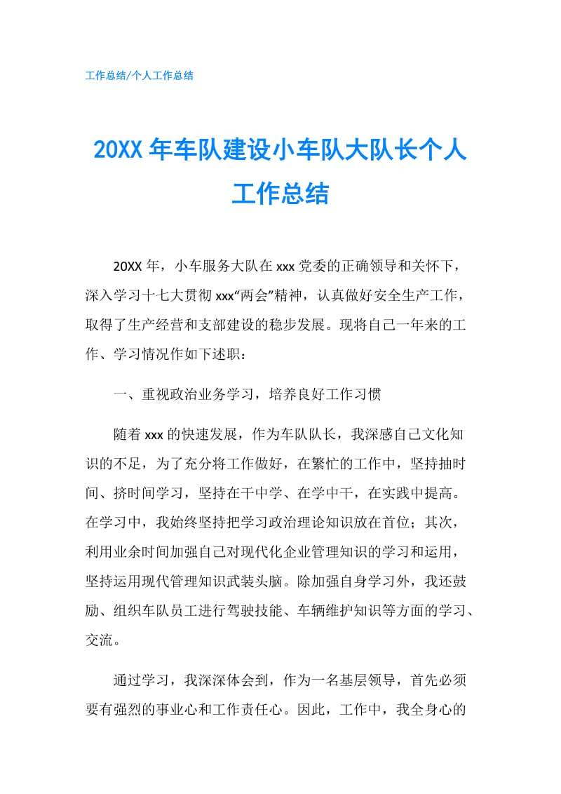 20XX年车队建设小车队大队长个人工作总结.doc_第1页