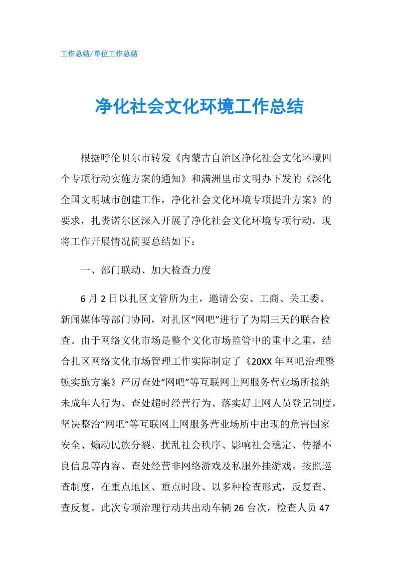 净化社会文化环境工作总结.doc_第1页