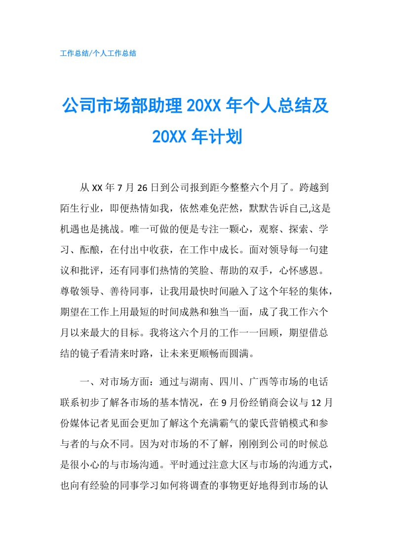 公司市场部助理20XX年个人总结及20XX年计划.doc_第1页