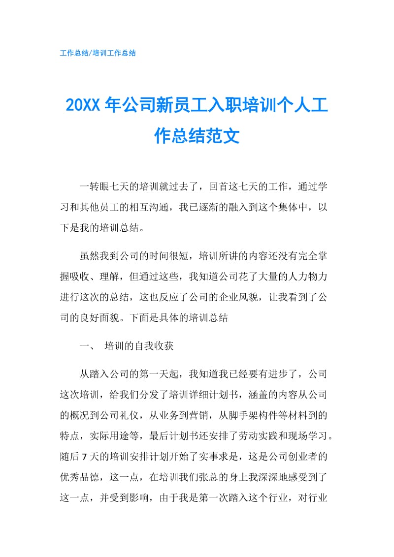 20XX年公司新员工入职培训个人工作总结范文.doc_第1页