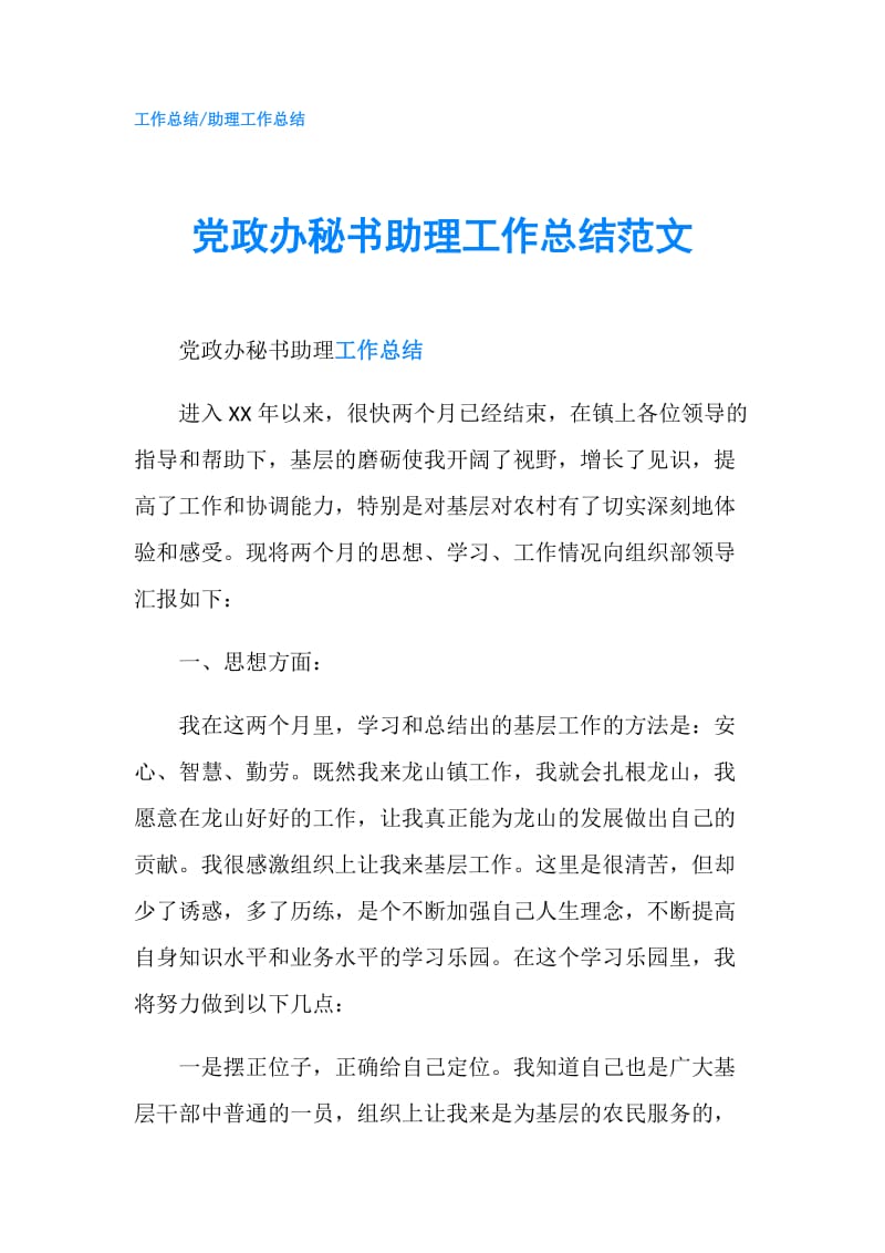 党政办秘书助理工作总结范文.doc_第1页