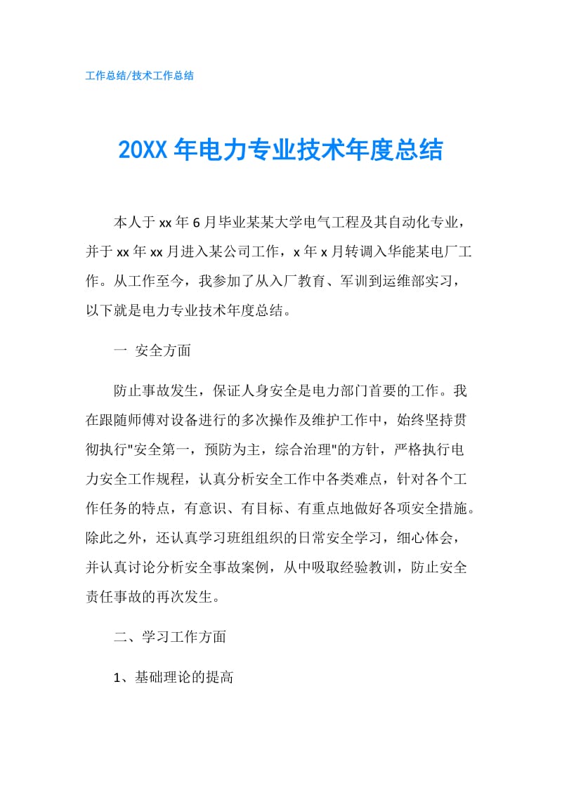 20XX年电力专业技术年度总结.doc_第1页