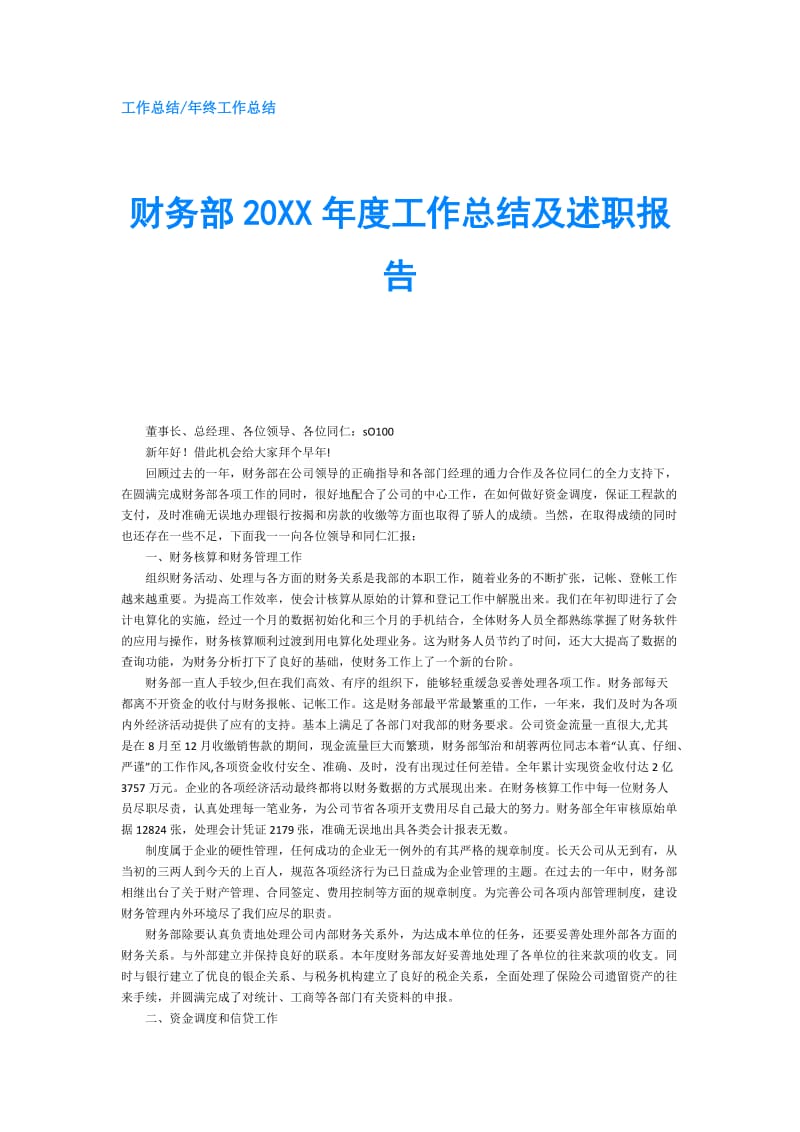 财务部20XX年度工作总结及述职报告.doc_第1页