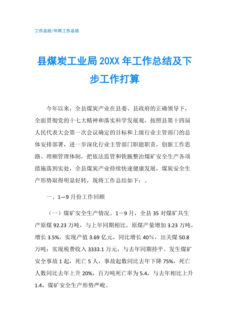 县煤炭工业局20XX年工作总结及下步工作打算.doc_第1页