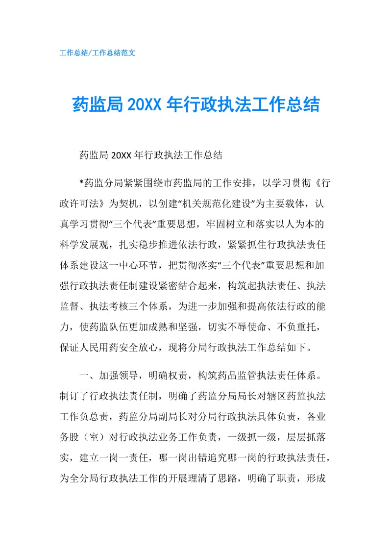 药监局20XX年行政执法工作总结.doc_第1页