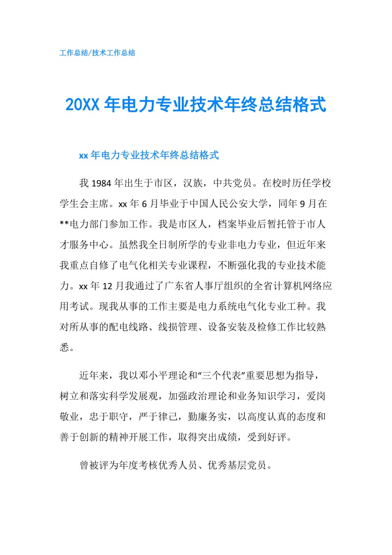 20XX年电力专业技术年终总结格式.doc_第1页