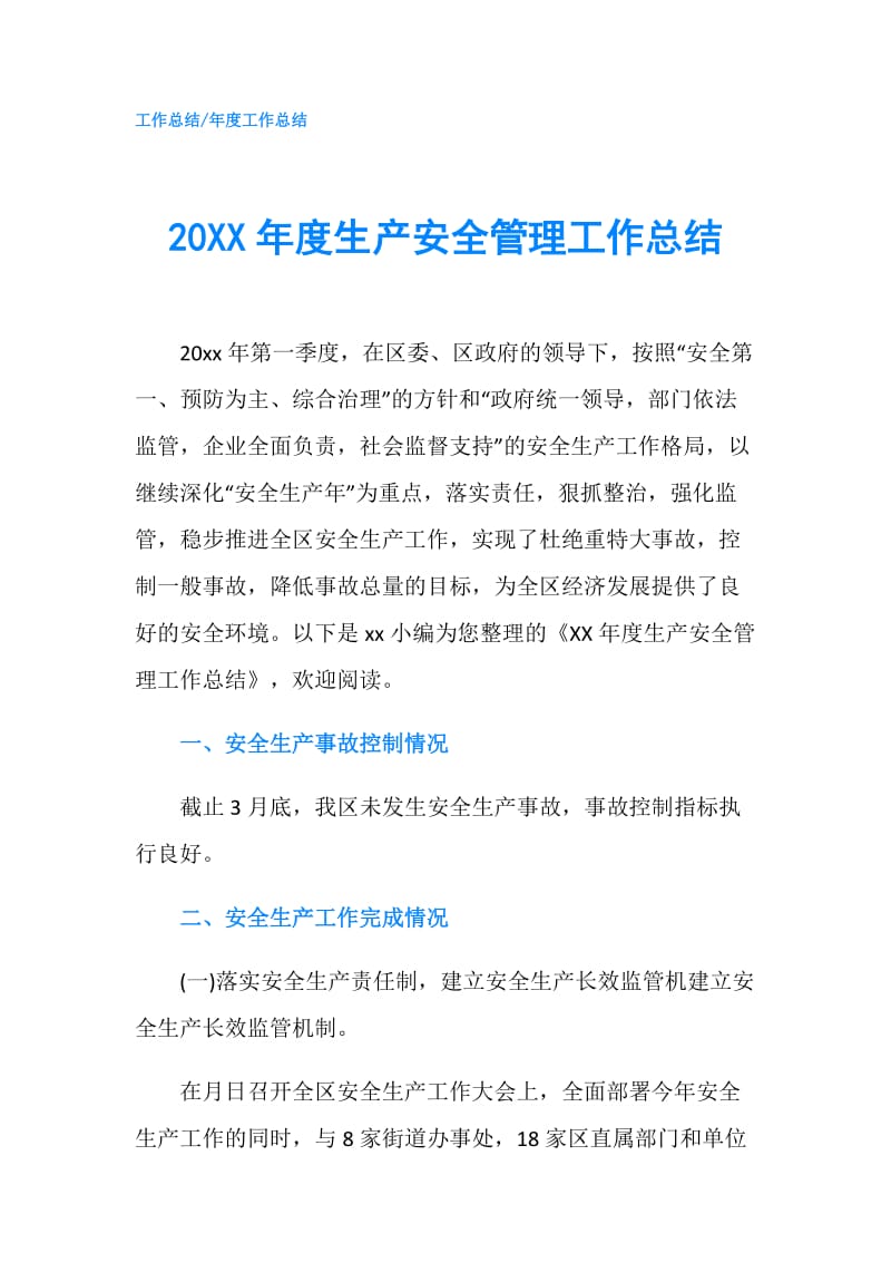 20XX年度生产安全管理工作总结.doc_第1页