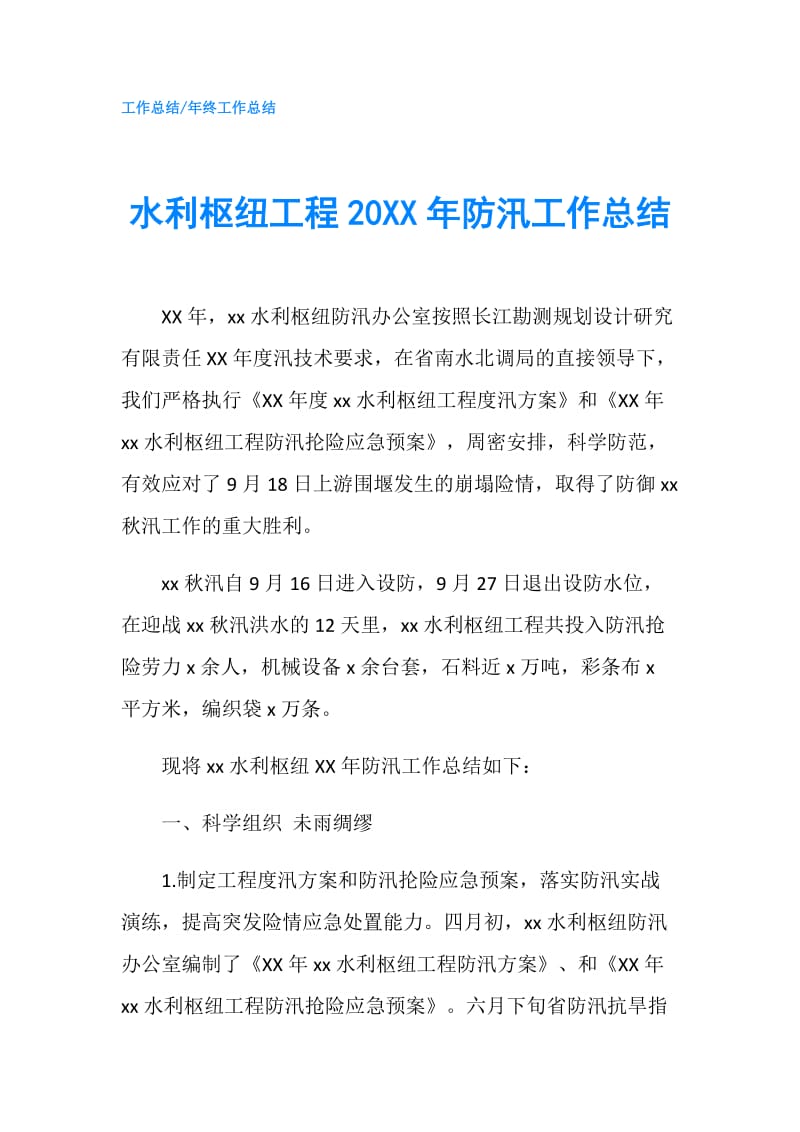 水利枢纽工程20XX年防汛工作总结.doc_第1页