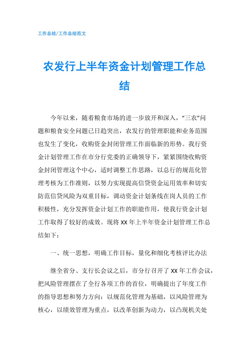 农发行上半年资金计划管理工作总结.doc_第1页