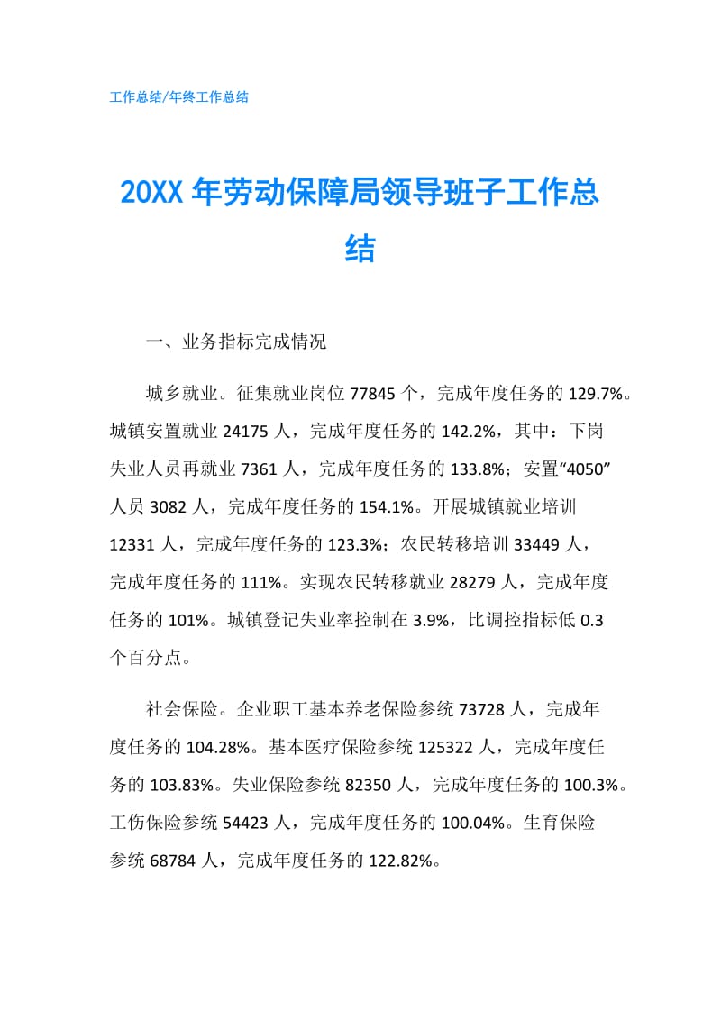 20XX年劳动保障局领导班子工作总结.doc_第1页