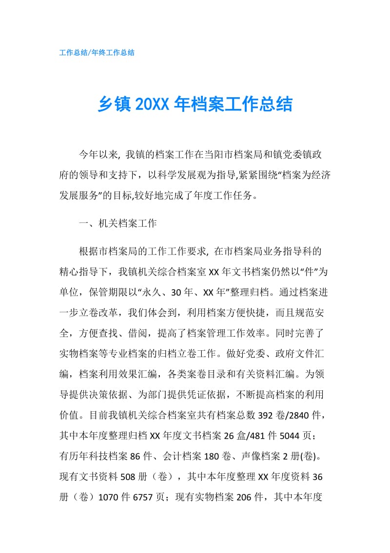 乡镇20XX年档案工作总结.doc_第1页