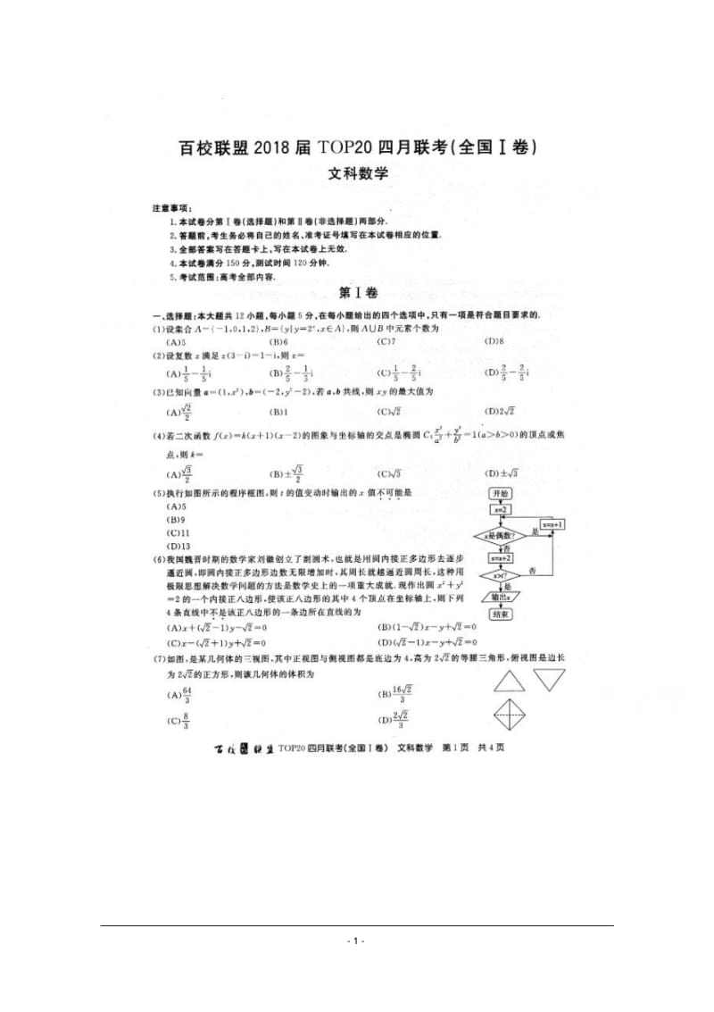 百校联盟2018届TOP20四月联考全国一卷数学(文).pdf_第1页