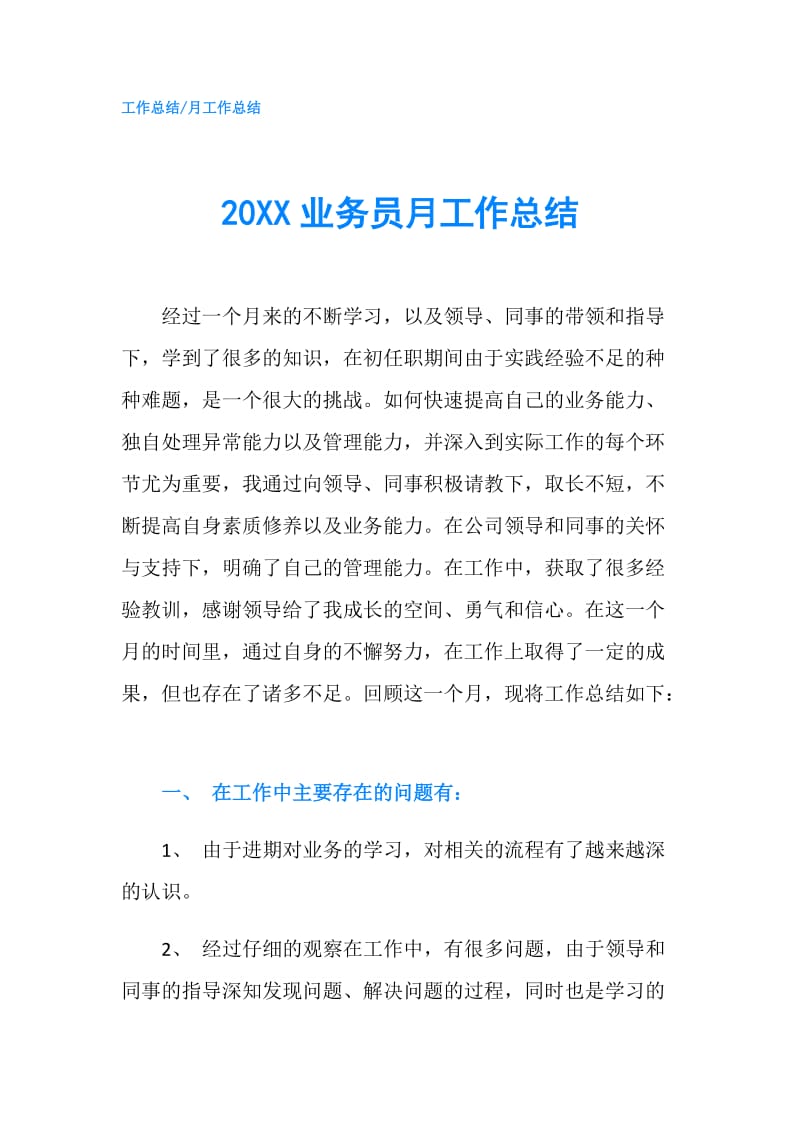 20XX业务员月工作总结.doc_第1页