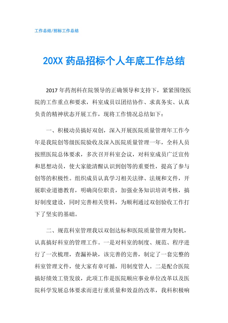 20XX药品招标个人年底工作总结.doc_第1页