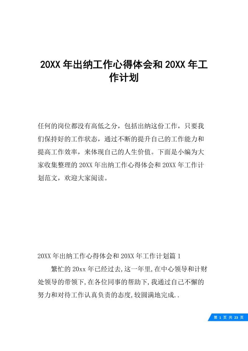 20XX年出纳工作心得体会和20XX年工作计划.docx_第1页