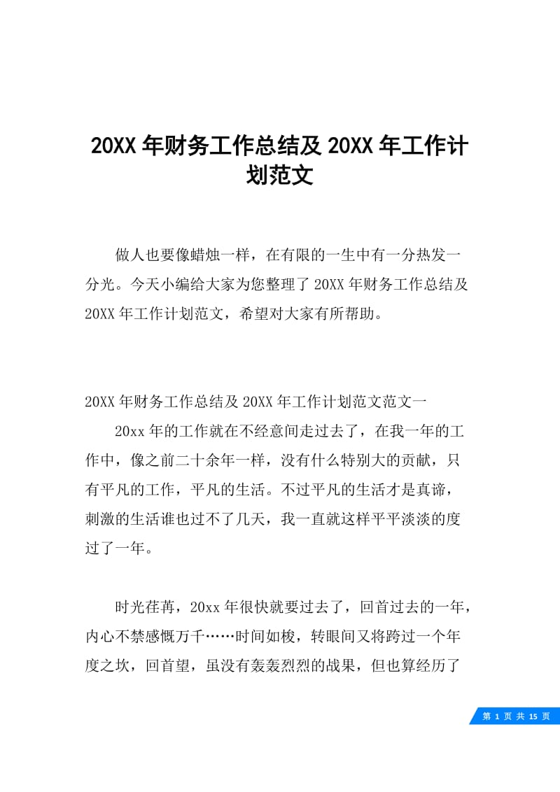 20XX年财务工作总结及20XX年工作计划范文.docx_第1页