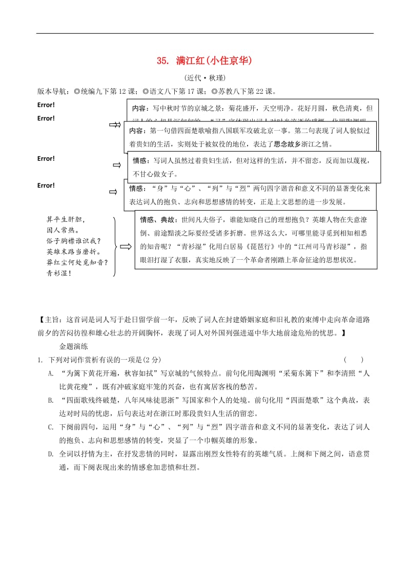 2019年中考语文专题复习精炼古诗词曲鉴赏35满江红(小砖华).DOC_第1页