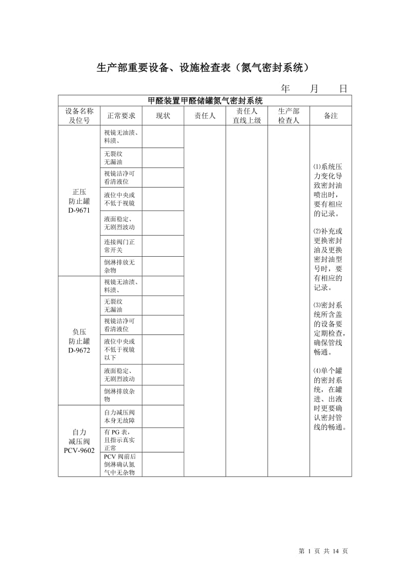 甲醛工序关键设备-氮封检查表格.doc_第1页