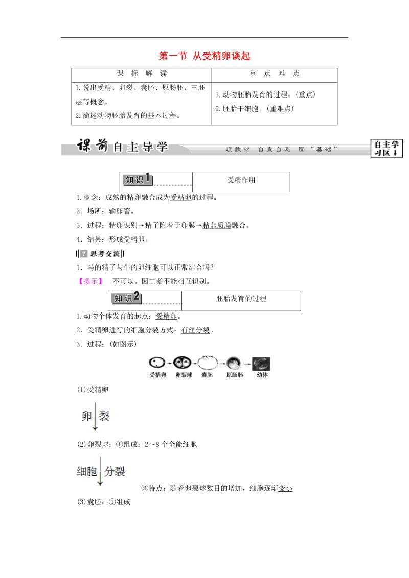 2019-2020学年高中生物第3章第1节从受精卵谈起教案浙科版选修3.pdf_第1页