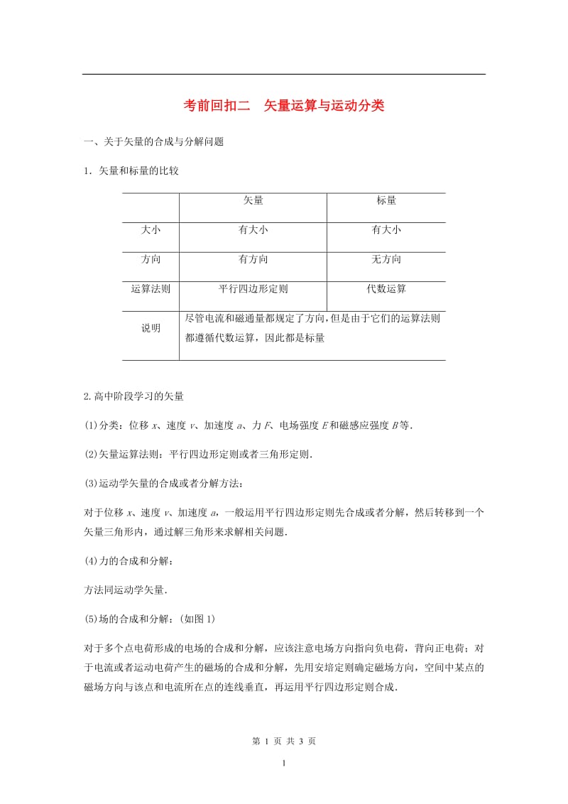 （新课标地区专用）2020高考物理二轮复习考前回扣：二矢量运算与运动分类教案.pdf_第1页