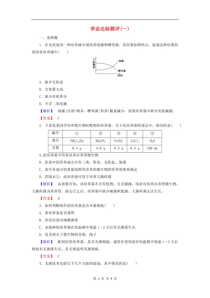 2019-2020学年高中生物学业达标测评1含解析中图版选修1.doc_第1页