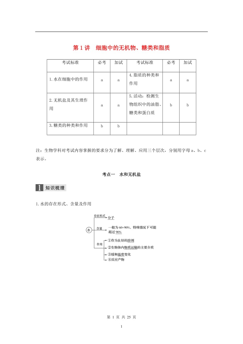 浙江专版2019版高考生物一轮复习第一单元细胞的分子组成与结构第1讲细胞中的无机物糖类和脂质教案2.docx_第1页