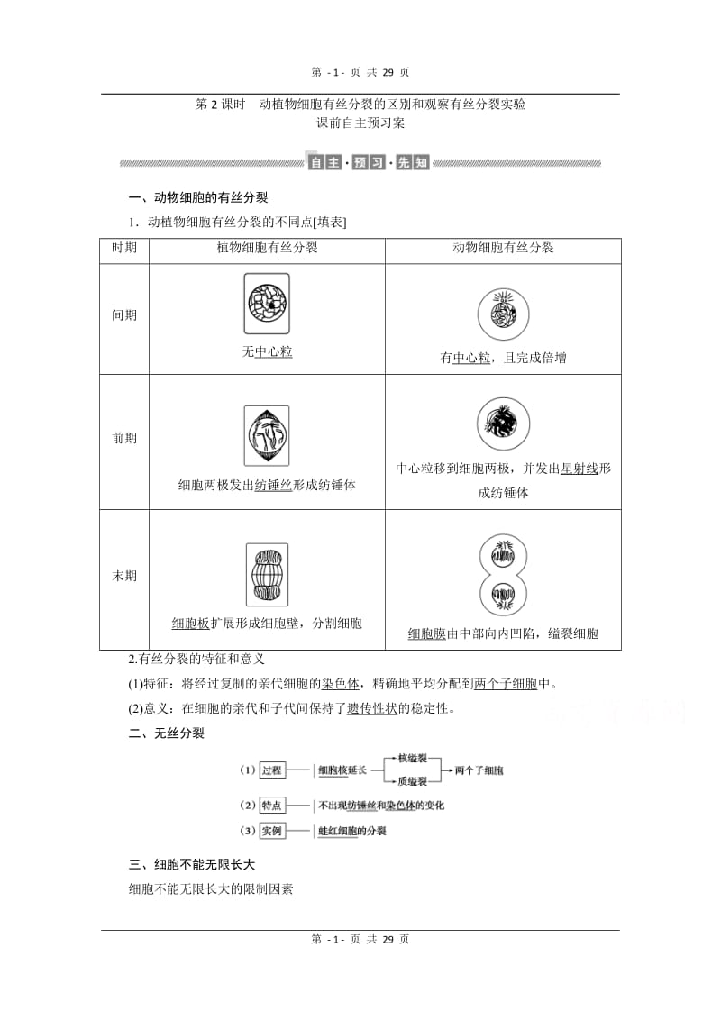 2019-2020学年（新教材）生物人教版必修1学案：6.1.2 动植物细胞有丝分裂的区别和观察有丝分裂实验 Word版含解析.doc_第1页