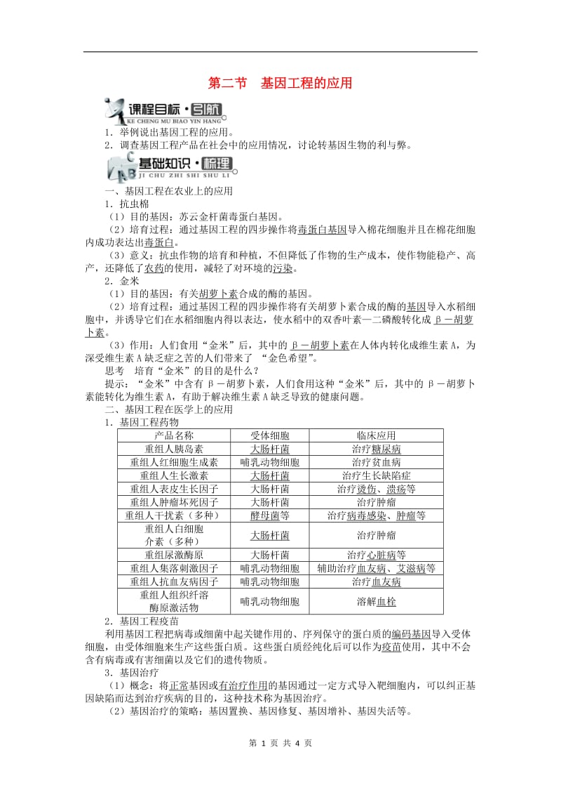 高中生物第一单元第一章第二节基因工程的应用学案中图版选修32.doc_第1页