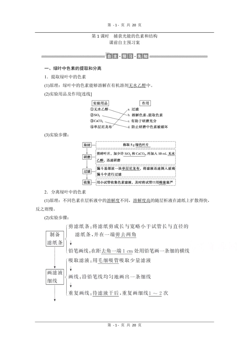 2019-2020学年（新教材）生物人教版必修1学案：5.4.1 捕获光能的色素和结构 Word版含解析.doc_第1页