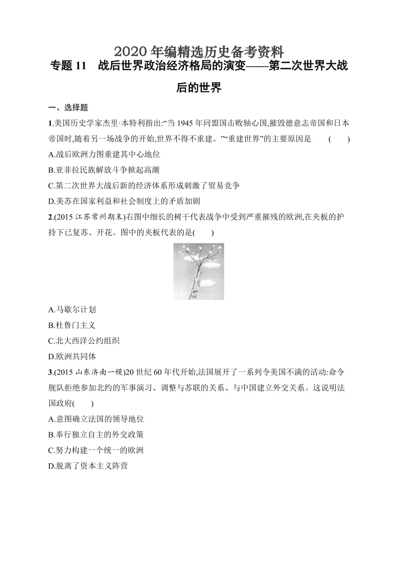 [最新]天津市高考历史专题11　战后世界政治经济格局的演变—第二次世界大战后的世界.doc_第1页