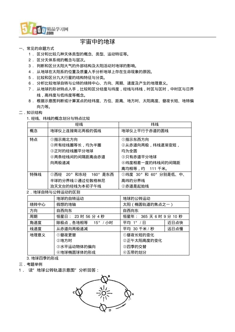 高考地理宇宙中的地球练习全国通用.pdf_第1页